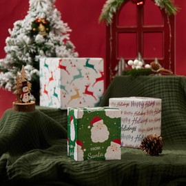 LaRibbons Christmas Wrapping Paper Rolls, 30Inch × 10Feet, 8 Rolls: 200 sq.ft.ttl, Reindeer/From Santa/Matte Red Green Classic Gift Wrapping Paper Bundle for Xmas, Holiday, Celebration, Season Party