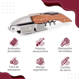 Vituzzi Sacacorchos para Vino de Acero Inoxidable con Corta Cápsulas y Acabado de Madera de Alta Calidad. Saca Corchos para Sommelier Profesional con Práctico Mango de Fácil Agarre. Wine corkscrew (4)