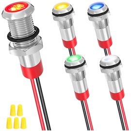 MKBKLLJY 5Pcs 6mm DC 12-24V Red/Yellow/Blue/Green/White LED Metal Indicator Light Waterproof Signal Lamp with 150mm Cable Length Metal LED Indicator Light and Wiring Cap for Car Interior Trucks Boats