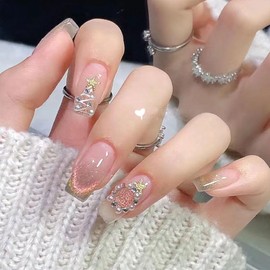 TUOKAY Merry Christmas Press on Nails Cat Eye Effect Christmas Tree Snowflake Glossy Glitter Fake Nails False Nails for Women and female,10pcs (Christmas Cat Eye Type 4)