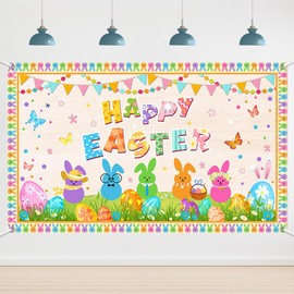 6x3.6ft Happy Easter Banner Cute Easter Bunny Style Backdrop for Photography Spring Party Wall Background Home Party Supplies