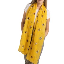 LilyRosa® Bee Scarf Bumble Bees Pattern Design Print Grey Navy Turquoise Blue Mint Green Scarves (Yellow)