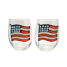 American Flag USA Patriotic Hand Painted Stemless Wine Glasses Set of 2