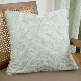 Curtina - Sage Green Floral & Bird Woven Cushion (43 x 43cm) - Vintage Green Flower Cushion for Living Room/Bedroom - Green Filled Cushion (Cushions with Covers Included) - Matching Curtains Available