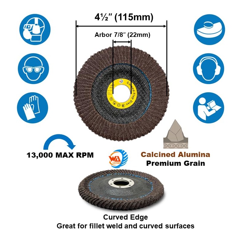 WA 5PCS - 4 1/2"x7/8" Curved Edge 120# Calcined Alumina
