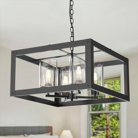 QianZhan 4-Light Black Chandelier, 19" Farmhouse Chandeliers Light Fixture with Glass Shade Lighting Fixtures Modern Ceiling Pendant Lamp for Dining Room Kitchen Island Entrance Bedroom Living Room