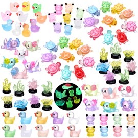 84Pcs Mini Resin Animals,Luminous Resin Animal Tiny Small Animals Glow in The Dark Axolotl Duck Frog Turtle Coral Miniature Figures for Garden Dollhouse Decor