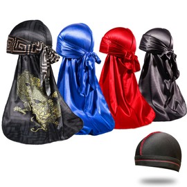 4 piezas sedosas Durags para hombres 360 ondas, diseño de trapo, premio 1 gorra de onda, Dragan Azul Negro Rojo, Medium