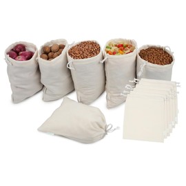 Emsavior Reusable Cotton Storage Produce Bags With Drawstrings Medium 8x10 inch (12 Psc), Muslin Bags - For Bulk Food Storage, Vegetable, fruit, Food, Snack, Footwear, Toys Storage Bag