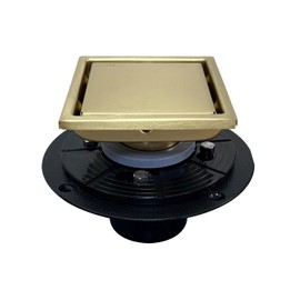 SISEHO Brushed Gold Shower Drain 4 Inch Square For Bathroom Invisible Inlay Tile Square Plate Cover Adjustable Flange Kit, Sus304 Stainless Steel Brass Finish