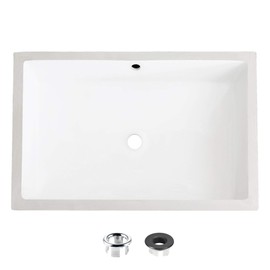 STYLISH 24 1/2 inch Ceramic Rectangular Undermount Bathroom Sink with Enamel Glaze Finish, Smooth & Stain Resistant Surface, Polished Chrome and Matte Black Overflow, P-208