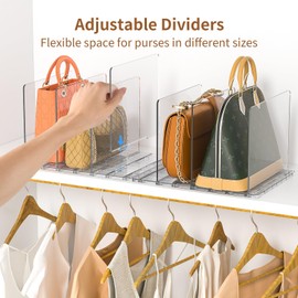 GoMaihe Bag & Purse Organizer for Closet: Adjustable Clear Handbag Storage Shelf - Plastic Clutch Dividers | Minimal | Keep Purses upright