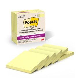 Post-it 100% Recycled Super Sticky Notes, 3 x 3 in, Canary Yellow, 5 Pads