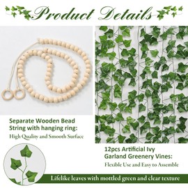 Weldomcor 12 Pack Fake Ivy Vines 7.2FT Artificial Greenery Garland with Wood Beads, Faux Wall Hanging Leaves Plants for Bedroom Aesthetic Decor Living Room Wedding Party Table Home Wall Decorations
