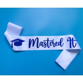 Conggluuo Master Sash, Mastered It White Master Graduation Sash with Blue Glitter Letters Master of Celemonies Sash Master Degree Sash for Graduation Party Supplies White Blue