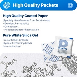 Dry & Dry 1 Gram [100 Packets] Silica Gel Packets Desiccants, Silica Packets - Rechargeable Moisture Absorbers for Food Storage, Electronics, 3D Filament & Safes