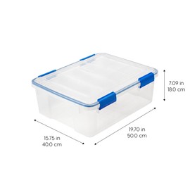 IRIS USA 26.5 Quart WEATHERPRO Plastic Storage Box with Durable Lid and Seal and Secure Latching Buckles, 3 Pack, Weathertight, Keep Pest Dust and Moisture Out, for Oversized Bulky Items, Clear/Blue