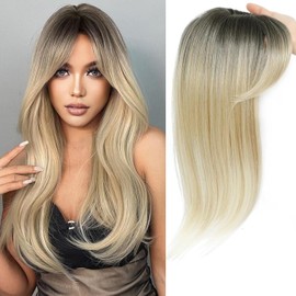 Hair Topper, 360° 3D Hair Toppers for Women with Thinning, 18 Inch Long Pieces for Women Clip in Side Bangs (Ombre Mix Blonde with Dark Root to Blonde, 3D Side Bangs)
