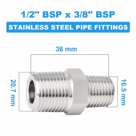 ERGAOBOY 2 Pieces 3/8 Inch BSP Male Thread x 1/2 Inch BSP Male Thread Forged Stainless Steel Reducer Hex Nipple Connector SUS 304 Pipe Fittings