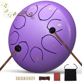 Rain Drum for Outside Garden, 6 Inches 8 Notes Steel Tongue Drums, Waterproof Meditation Echo Rain Chime, Musical Instruments for Adult Gift with Bag, Music Book, Mallets (Purple)