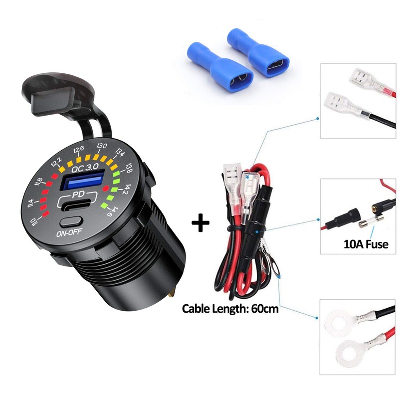 iMESTOU 12V USB C Charger with Voltmeter Switch Waterproof Dual