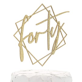 NANASUKO 40th Birthday Cake Topper - forty - with Modern Geometric Frame - Double Sided Gold Glitter - Premium Quality Made in USA