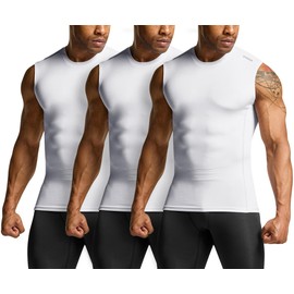 TSLA Men's Sleeveless Workout Shirts, Dry Fit Running Compression Cutoff Shirts, Athletic Training Tank Top, Active 3pack Sleevless White/White/White, Small