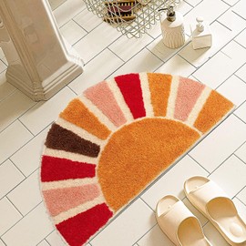 ZAODECR Boho Bathroom Rugs Half Circle Bath Mat Cute Bohemian Bath Rug for Bedroom Small Carpet Home Decor Non-Slip Semi Round Shower Rug Funny Washable Indoor Floor Door Mat Sun Retro
