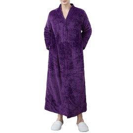 Locachy Men's Flannel Zip Bathrobes Soft Warm Long Fleece Plush Robe Housecoats Nightgown Sleepwear Purple L