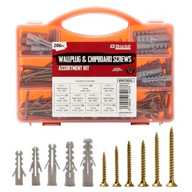 Brackit 206 Piece Drywall Plugs & Anchors Set – Heavy Duty Chipboard Screws Assortment Kit inc. Countersunk Pozi Drive Head Wood Screws – For Repairing, Drilling, Mounting, Building, Furniture and DIY
