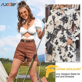 SUOSDEY Women Skinny Leather Belt, Adjustable Thin Waist Belt for Jeans Dresses Pants Western Belt Floral Buckle black