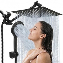 Cabezal de ducha, 8 pulgadas de alta presión, lluvia y ducha de mano con brazo de extensión de 11 pulgadas, 9 ajustes, cabezal de ducha antifugas con soporte, altura / ángulo ajustable, cromo, negro mate