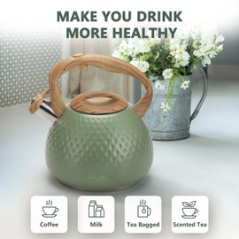 harriet Tea Kettle, Tea Pot for Stovetop, 2.5QT Whistling Kettle with 5-Layers bottom, Food Grade Stainless Steel Kettles with Hot-Resistant Handle Gas Electric Applicable, Green