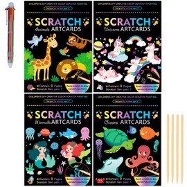 SuyuanArt Animal Unicorn Ocean Mermaid Color Scratch Rainbow Art Paper Set for Kids, Scratch Off Magic Drawing Crafts Wooden Stick Stylus Party Favors