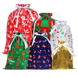 13Pcs Christmas Drawstring Gift Bags, Xmas Wrapping Bags with 6 Patterns Design, 4 Sizes Large Multipack Gift Bags, Reusable Candy Bag with String for Christmas Presents Birthday Party