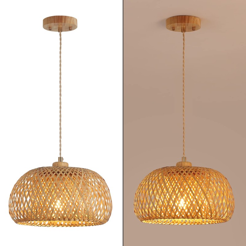 Bamboo Pendant Light Fixture One-Light Adjustable Rustic Basket Handmade Woven