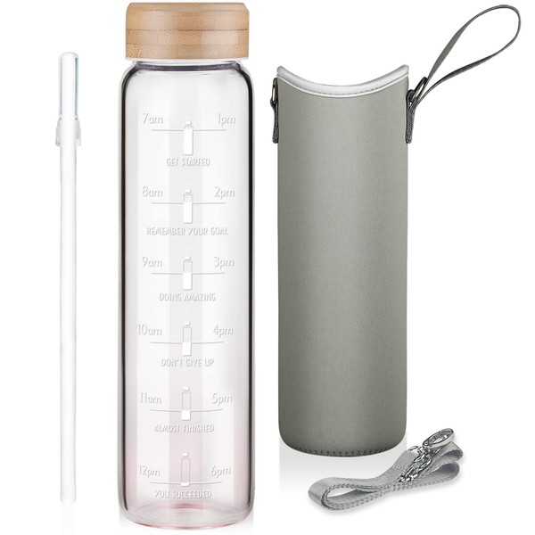 Ferexer 1 Liter Trinkflasche Glas mit Strohhalm & Zeit Markierung,