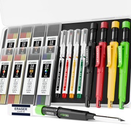 STAGEEK 4 Pack Carpenter Pencil with Sharpener and 57 Refills, Construction Pencils, Heavy Duty Woodworking Tools, Deep Hole Long Nib Marker Pens for Architect Marking