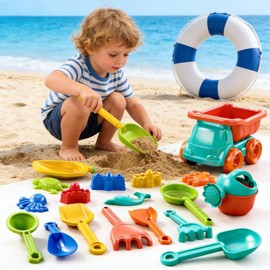 Set de 19 Piezas de Juguetes de Playa para Niños, Camión, Pala, Rastrillo, Moldes de Castillo y Accesorios, Ideal para Arena y Jardín