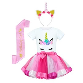 JiaDuo Girls Unicorn Costume Rainbow Tutu with White Shirt, Headband & Satin Sash Rose Medium/2-4T