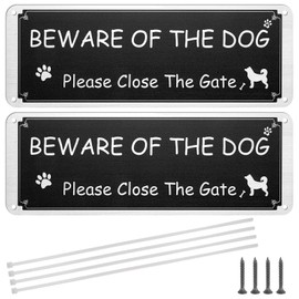Beware of The Dog Sign - 2 Pack Please Close The Gate Sign, Aluminium Metal Dog Warning Sign, Pre-Drilled, Rustproof, UV Protected - with Zip Ties & Screws for Outdoor Gate Wall - 3.5'' × 9.8''