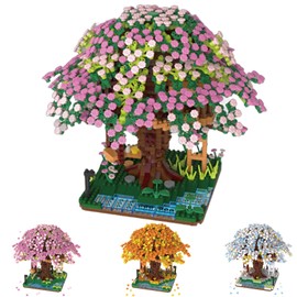 Famiredo Cherry Blossom Tree House for Adults, Artificial Flowers, Mini Block Set, Spring/Summer/Autumn/Winter, Beauty Plants Series, Bouquet, Tree House Block Set (Summer)