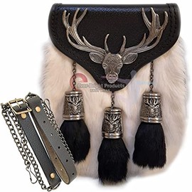 Scottish Kilt Semi Dress Sporran Semi Stag Sporran Antique Unique Stag.450 (White Rabbit Fur 28), Large