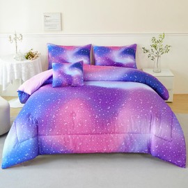URBONUR 6Pcs Twin Comforter Set for Girls Colorful Pink Purple Blue Gradient Galaxy Printed Bedding Set Kids Teen Bed in A Bag
