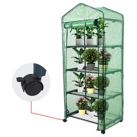 Mini Greenhouse with Casters, 4 Tier Portable Green House Plant Shed Gardening Plant for Outdoor & Indoor with Roll-Up Zipper Door, Green