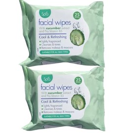 Spa Facial Wipes,with Cucumber Extract and Pro Vitamin B5, 2 Packs of 25, Cool & Refreshing