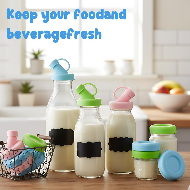 6 Pack Silicone Milk Bottle Caps, 48mm Diameter Glass Jug