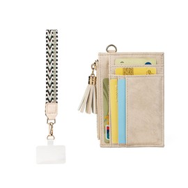 LIYSOYO Slim Card Holder Wallet For Women, RFID Leather Credit Card Wallet, Small Wallet Wristlet Coin Purse With Wrist Lanyard Strap and Hand Free Phone Tether Pad, Beige, Slim Card Holder Wallet