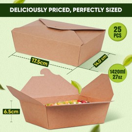 HURUC Kraft Paper Takeaway Boxes – 100% Compostable, Eco-Friendly Food Containers for Takeout & Meal Prep, Disposable and Recyclable Packaging for Restaurants & Cafes (Pack of 25-1420ml)