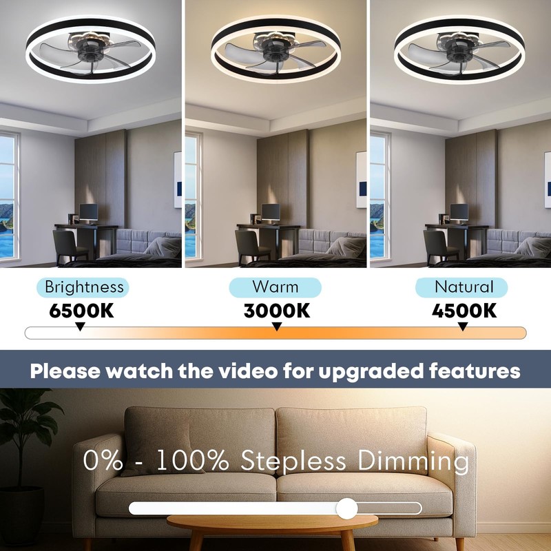 Fszdorj Ceiling Fan with Light, Upgraded 20‘’ Low Profile Fan,